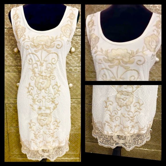 Elegant White and Gold Embroidered Dress - Picture 1 of 4